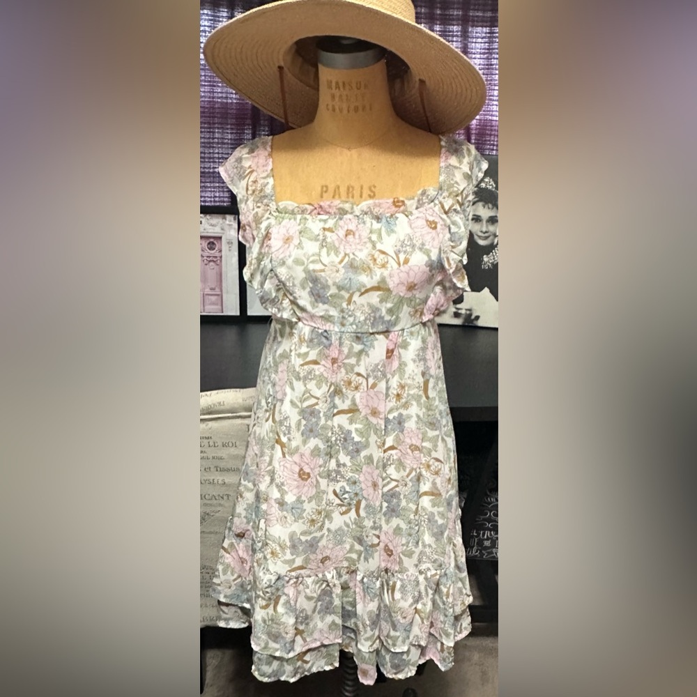 Blu pepper VIP Floral Ruffle Off-Shoulder Dress in Pink, Green, Cream
